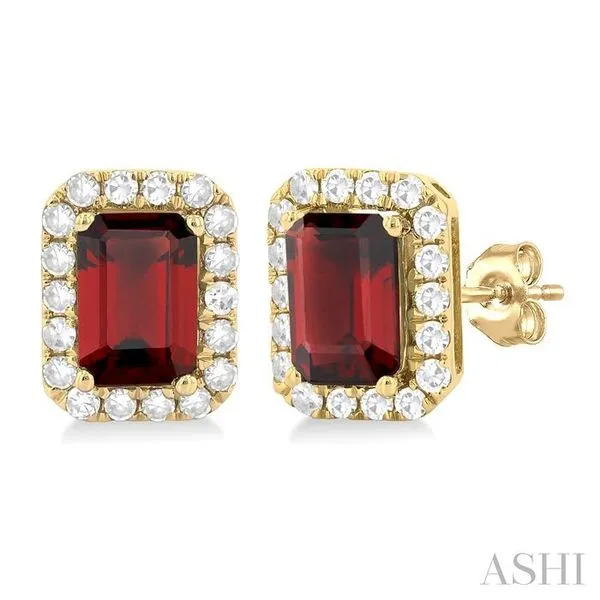 6x4 MM Octagonal Shape Garnet and 1/4 Ctw Round Cut Diamond Halo Semi-Precious Stud Earrings in 10K Yellow Gold Hart's Jewelers Grants Pass, OR