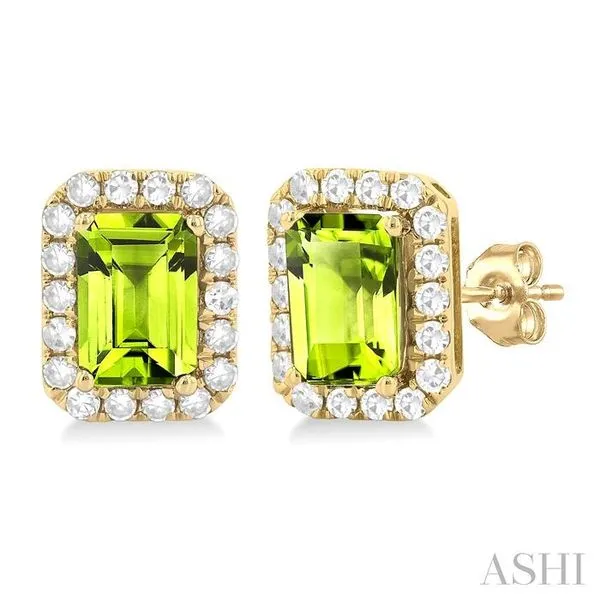 6x4 MM Octagonal Shape Peridot and 1/4 Ctw Round Cut Diamond Halo Semi-Precious Stud Earrings in 10K Yellow Gold Hart's Jewelers Grants Pass, OR