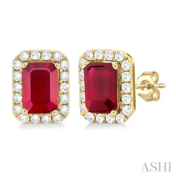 6x4 MM Octagonal Shape Ruby and 1/4 Ctw Round Cut Diamond Halo Precious Stud Earrings in 10K Yellow Gold Hart's Jewelers Grants Pass, OR