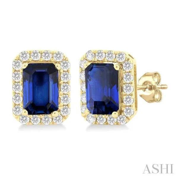 6x4 MM Octagonal Shape Sapphire and 1/4 Ctw Round Cut Diamond Halo Precious Stud Earrings in 10K Yellow Gold Hart's Jewelers Grants Pass, OR