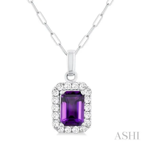 6x4 MM Octagonal Shape Amethyst and 1/6 Ctw Round Cut Diamond Halo Semi-Precious Pendant with Chain in 14K White Gold Hart's Jewelers Grants Pass, OR