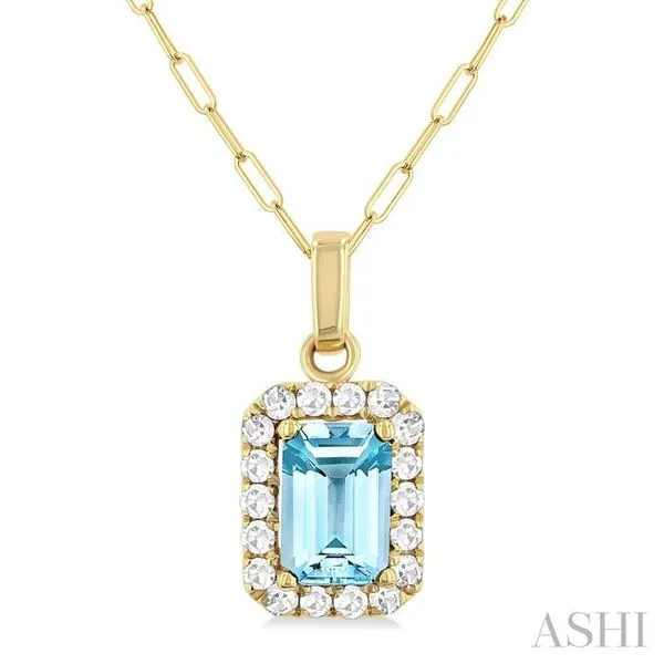 6x4 MM Octagonal Shape Aquamarine and 1/6 Ctw Round Cut Diamond Halo Semi-Precious Pendant with Chain in 14K Yellow Gold Hart's Jewelers Grants Pass, OR