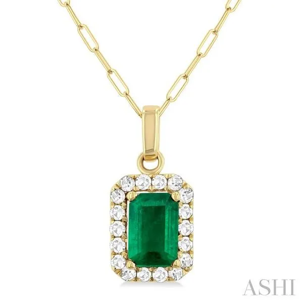 6x4 MM Octagonal Shape Emerald and 1/6 Ctw Round Cut Diamond Halo Precious Pendant with Chain in 14K Yellow Gold Hart's Jewelers Grants Pass, OR