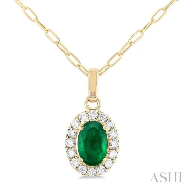 6x4 MM Oval Shape Emerald and 1/6 Ctw Round Cut Diamond Halo Precious Pendant with Chain in 14K Yellow Gold Hart's Jewelers Grants Pass, OR