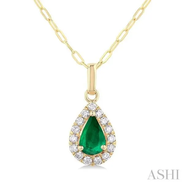 6x4 MM Pear Shape Emerald and 1/6 Ctw Round Cut Diamond Halo Precious Pendant with Chain in 14K Yellow Gold Hart's Jewelers Grants Pass, OR