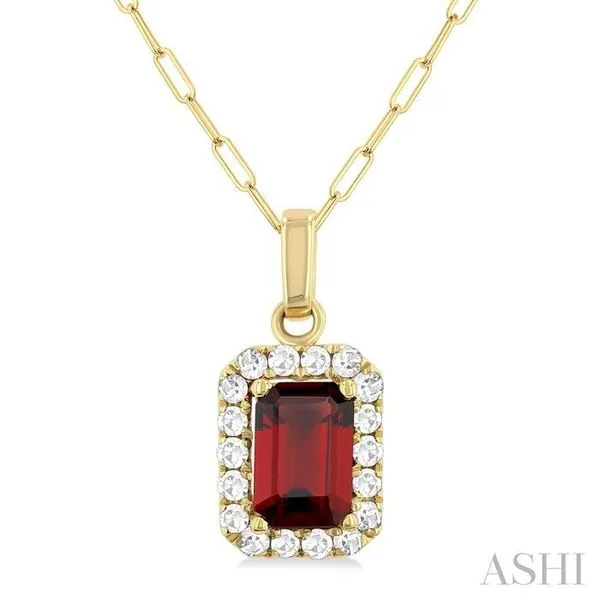 6x4 MM Octagonal Shape Garnet and 1/6 Ctw Round Cut Diamond Halo Semi-Precious Pendant with Chain in 14K Yellow Gold Hart's Jewelers Grants Pass, OR