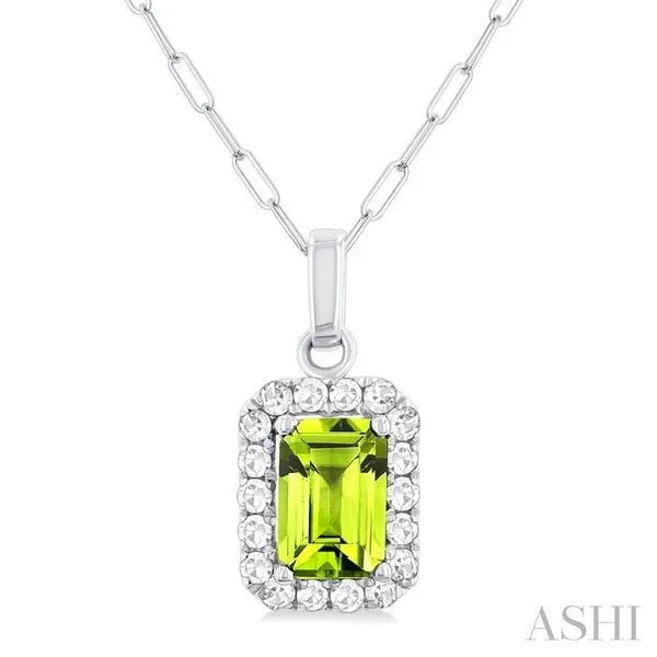 6x4 MM Octagonal Shape Peridot and 1/6 Ctw Round Cut Diamond Halo Semi-Precious Pendant with Chain in 14K White Gold Hart's Jewelers Grants Pass, OR