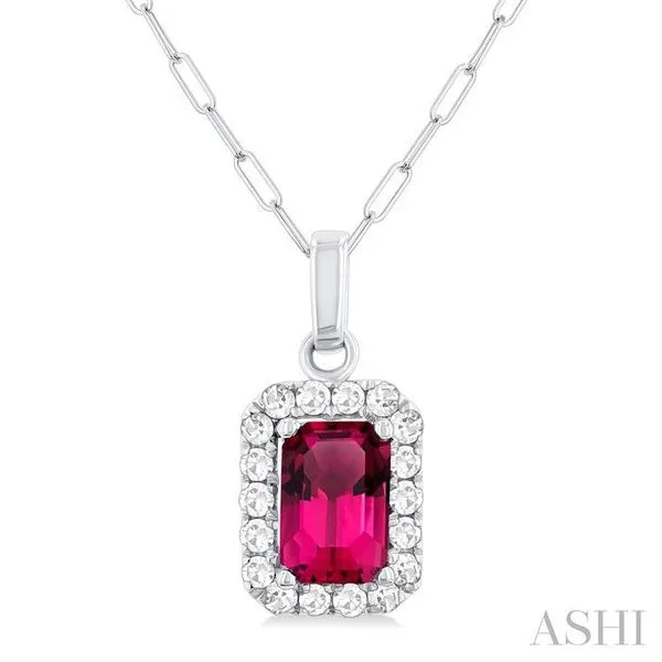6x4 MM Octagonal Shape Pink Tourmaline and 1/6 Ctw Round Cut Diamond Halo Semi-Precious Pendant with Chain in 14K White Gold Hart's Jewelers Grants Pass, OR