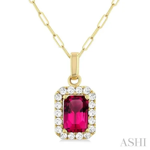6x4 MM Octagonal Shape Pink Tourmaline and 1/6 Ctw Round Cut Diamond Halo Semi-Precious Pendant with Chain in 14K Yellow Gold Hart's Jewelers Grants Pass, OR