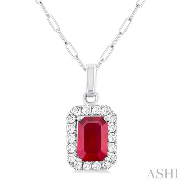 6x4 MM Octagonal Shape Ruby and 1/6 Ctw Round Cut Diamond Halo Precious Pendant with Chain in 14K White Gold Hart's Jewelers Grants Pass, OR