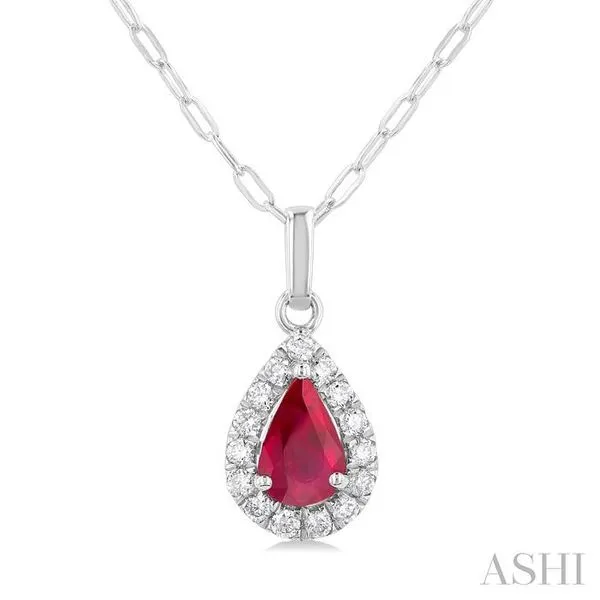 6x4 MM Pear Shape Ruby and 1/6 Ctw Round Cut Diamond Halo Precious Pendant with Chain in 14K White Gold Hart's Jewelers Grants Pass, OR