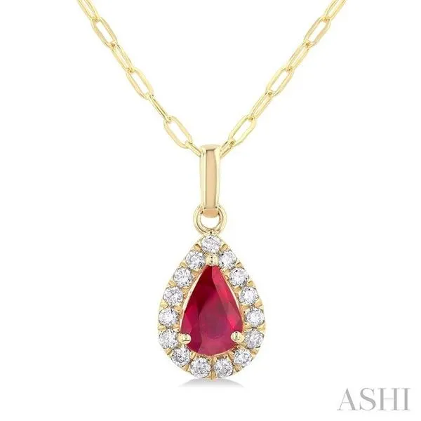 6x4 MM Pear Shape Ruby and 1/6 Ctw Round Cut Diamond Halo Precious Pendant with Chain in 14K Yellow Gold Hart's Jewelers Grants Pass, OR
