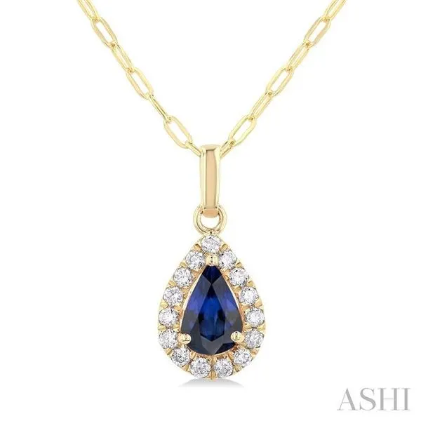 6x4 MM Pear Shape Sapphire and 1/6 Ctw Round Cut Diamond Halo Precious Pendant with Chain in 14K Yellow Gold Hart's Jewelers Grants Pass, OR