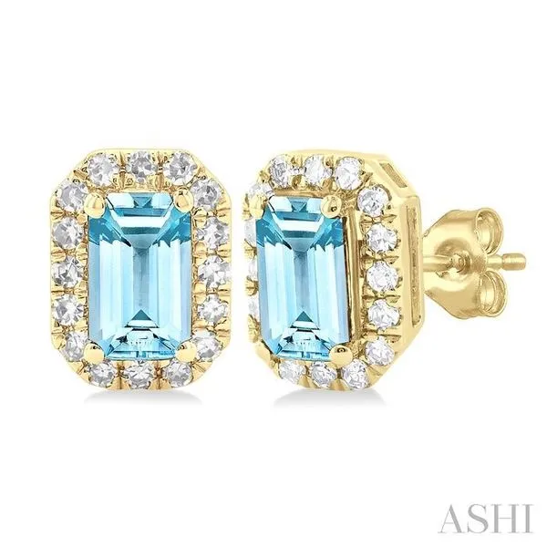 5x3 MM Octagonal Shape Aquamarine and 1/8 Ctw Single Cut Diamond Halo Semi-Precious Stud Earrings in 14K Yellow Gold Hart's Jewelers Grants Pass, OR