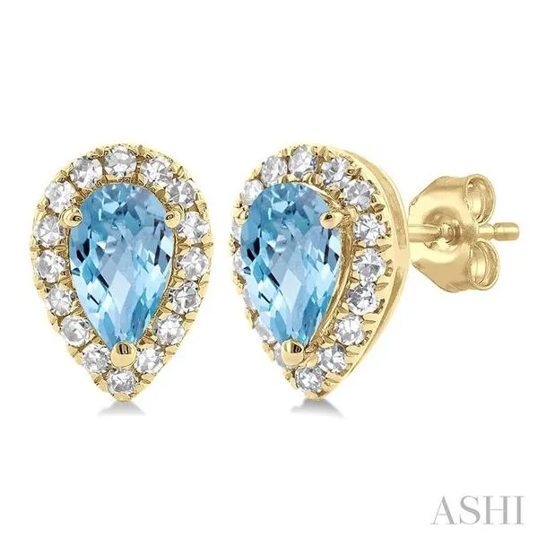 5x3 MM Pear Shape Aquamarine and 1/8 Ctw Single Cut Diamond Halo Semi-Precious Stud Earrings in 14K Yellow Gold Hart's Jewelers Grants Pass, OR