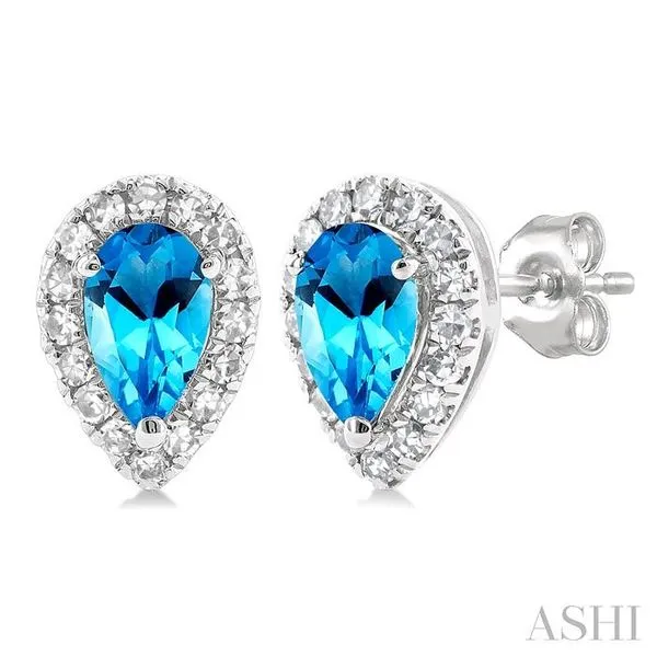 5x3 MM Pear Shape Blue Topaz and 1/8 Ctw Single Cut Diamond Halo Semi-Precious Stud Earrings in 14K White Gold Hart's Jewelers Grants Pass, OR
