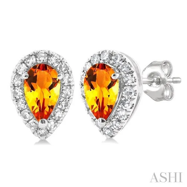 5x3 MM Pear Shape Citrine and 1/8 Ctw Single Cut Diamond Halo Semi-Precious Stud Earrings in 14K White Gold Hart's Jewelers Grants Pass, OR