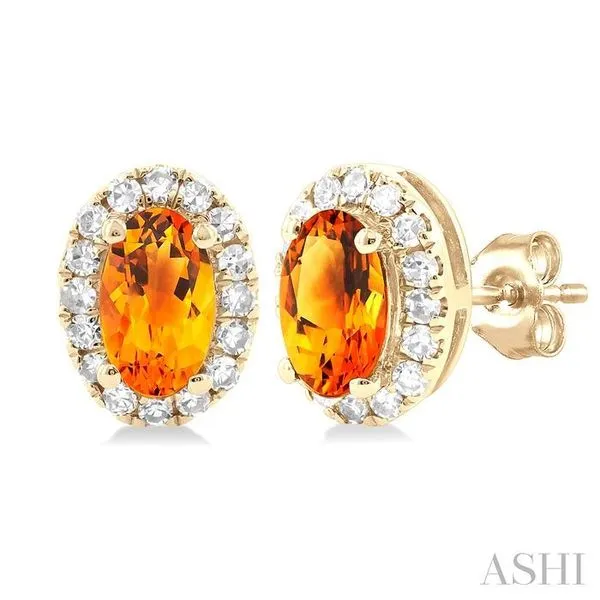 5x3 MM Oval Shape Citrine and 1/8 Ctw Single Cut Diamond Halo Semi-Precious Stud Earrings in 14K Yellow Gold Hart's Jewelers Grants Pass, OR