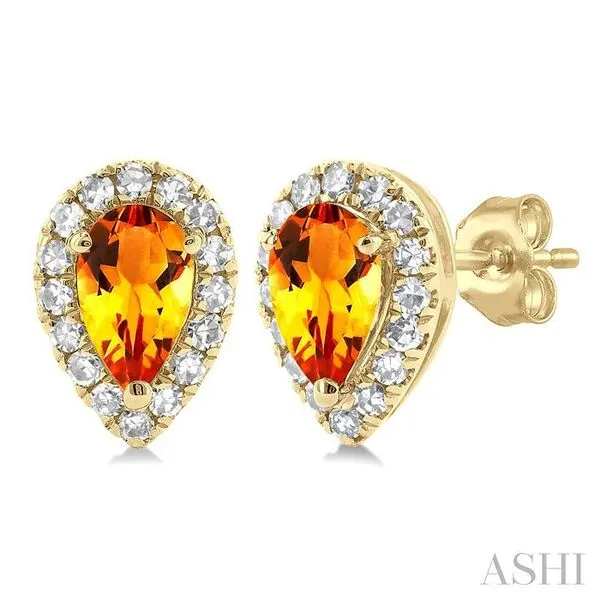 5x3 MM Pear Shape Citrine and 1/8 Ctw Single Cut Diamond Halo Semi-Precious Stud Earrings in 14K Yellow Gold Hart's Jewelers Grants Pass, OR