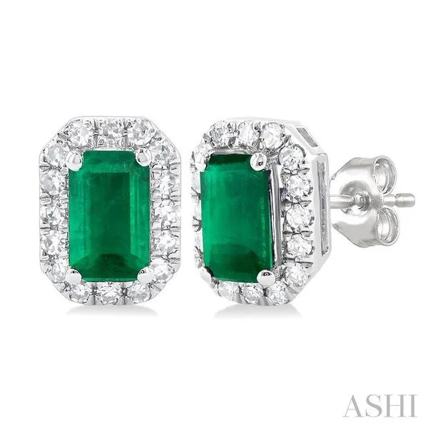 5x3 MM Octagonal Shape Emerald and 1/8 Ctw Single Cut Diamond Halo Precious Stud Earrings in 14K White Gold Hart's Jewelers Grants Pass, OR