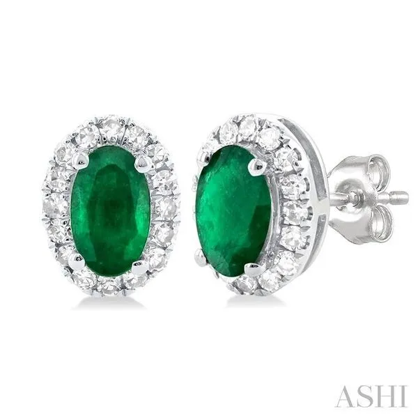 5x3 MM Oval Shape Emerald and 1/8 Ctw Single Cut Diamond Halo Precious Stud Earrings in 14K White Gold Hart's Jewelers Grants Pass, OR