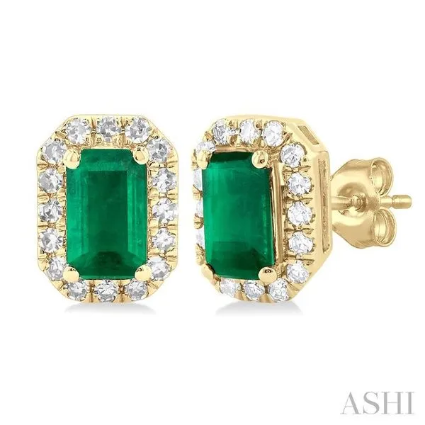 5x3 MM Octagonal Shape Emerald and 1/8 Ctw Single Cut Diamond Halo Precious Stud Earrings in 14K Yellow Gold Hart's Jewelers Grants Pass, OR