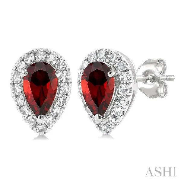 5x3 MM Pear Shape Garnet and 1/8 Ctw Single Cut Diamond Halo Semi-Precious Stud Earrings in 14K White Gold Hart's Jewelers Grants Pass, OR