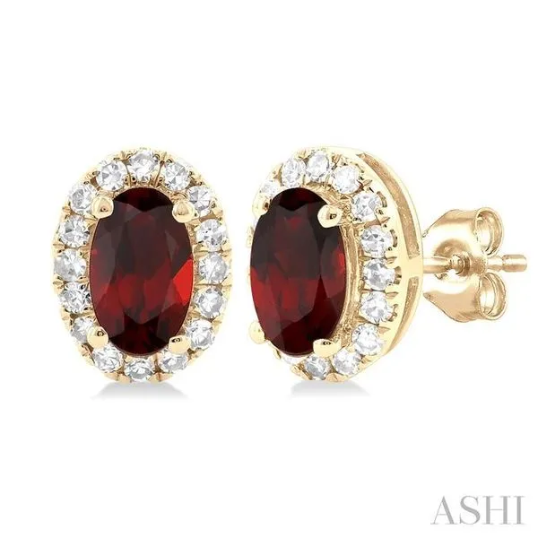 5x3 MM Oval Shape Garnet and 1/8 Ctw Single Cut Diamond Halo Semi-Precious Stud Earrings in 14K Yellow Gold Hart's Jewelers Grants Pass, OR