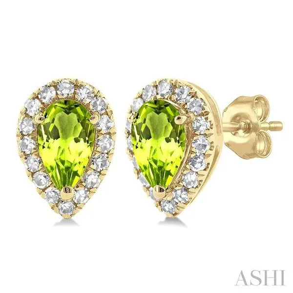 5x3 MM Pear Shape Peridot and 1/8 Ctw Single Cut Diamond Halo Semi-Precious Stud Earrings in 14K Yellow Gold Hart's Jewelers Grants Pass, OR