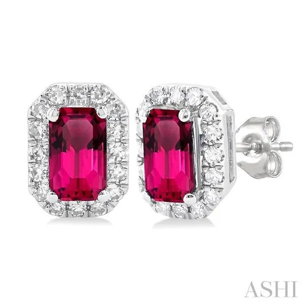 5x3 MM Octagonal Shape Pink Tourmaline and 1/8 Ctw Single Cut Diamond Halo Semi-Precious Stud Earrings in 14K White Gold Hart's Jewelers Grants Pass, OR