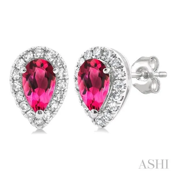5x3 MM Pear Shape Pink Tourmaline and 1/8 Ctw Single Cut Diamond Halo Semi-Precious Stud Earrings in 14K White Gold Hart's Jewelers Grants Pass, OR