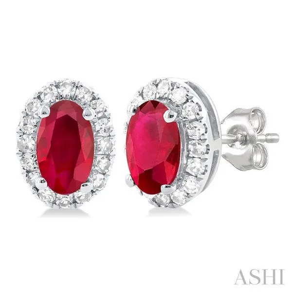 5x3 MM Oval Shape Ruby and 1/8 Ctw Single Cut Diamond Halo Precious Stud Earrings in 14K White Gold Hart's Jewelers Grants Pass, OR