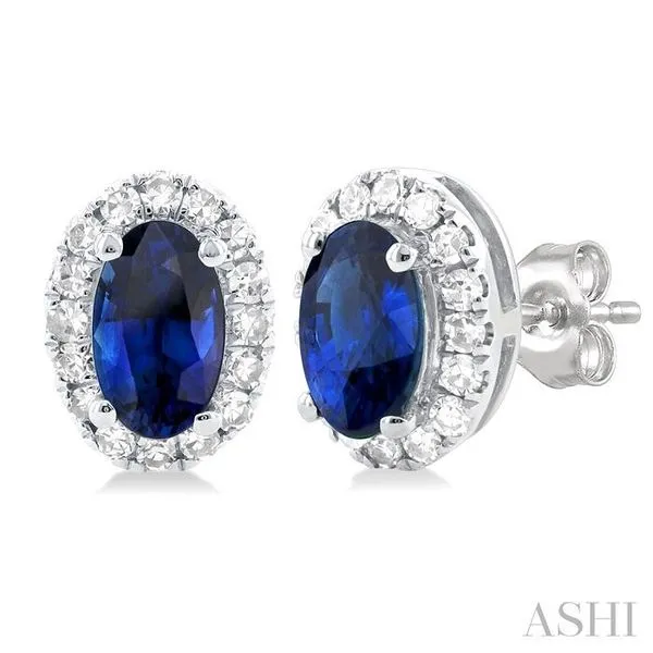 5x3 MM Oval Shape Sapphire and 1/8 Ctw Single Cut Diamond Halo Precious Stud Earrings in 14K White Gold Hart's Jewelers Grants Pass, OR