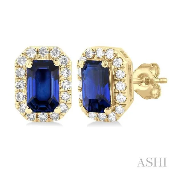 5x3 MM Octagonal Shape Sapphire and 1/8 Ctw Single Cut Diamond Halo Precious Stud Earrings in 14K Yellow Gold Hart's Jewelers Grants Pass, OR