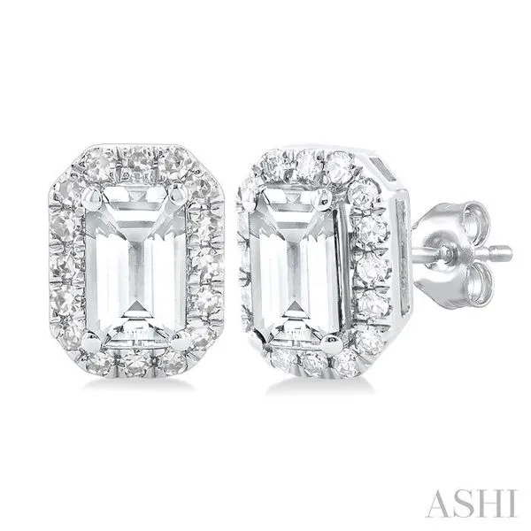 5x3 MM Octagonal Shape White Topaz and 1/8 Ctw Single Cut Diamond Halo Semi-Precious Stud Earrings in 14K White Gold Hart's Jewelers Grants Pass, OR