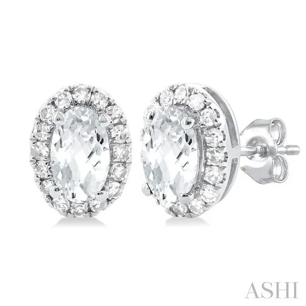 5x3 MM Oval Shape White Topaz and 1/8 Ctw Single Cut Diamond Halo Semi-Precious Stud Earrings in 14K White Gold Hart's Jewelers Grants Pass, OR