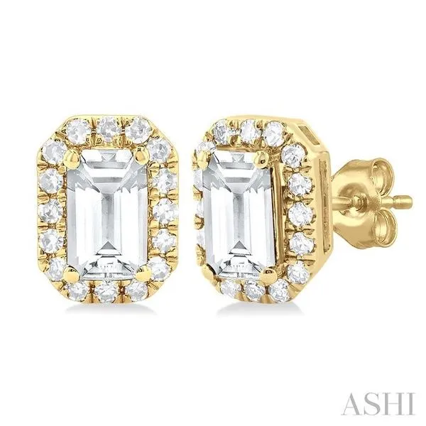 5x3 MM Octagonal Shape White Topaz and 1/8 Ctw Single Cut Diamond Halo Semi-Precious Stud Earrings in 14K Yellow Gold Hart's Jewelers Grants Pass, OR