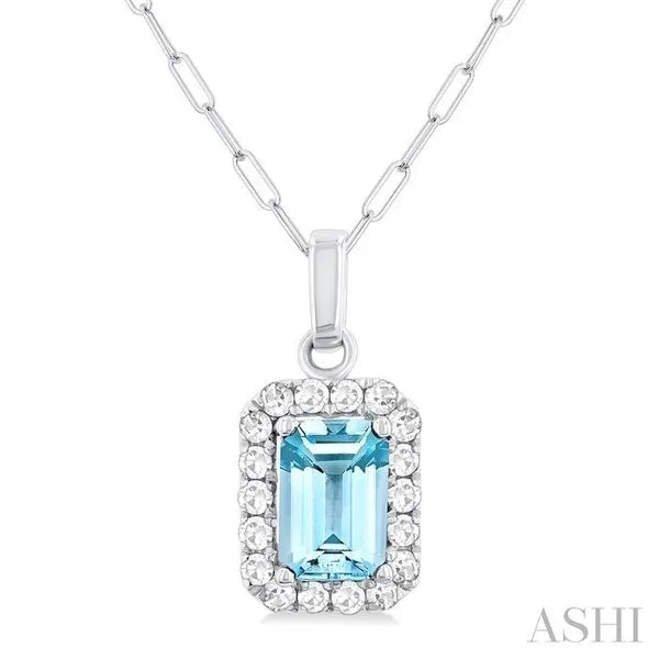 6x4 MM Octagonal Shape Aquamarine and 1/6 Ctw Round Cut Diamond Halo Semi-Precious Pendant with Chain in 10K White Gold Hart's Jewelers Grants Pass, OR