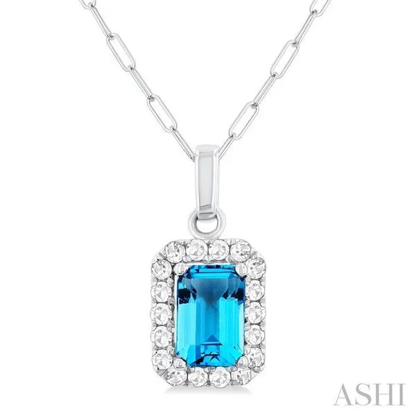6x4 MM Octagonal Shape Blue Topaz and 1/6 Ctw Round Cut Diamond Halo Semi-Precious Pendant with Chain in 10K White Gold Hart's Jewelers Grants Pass, OR