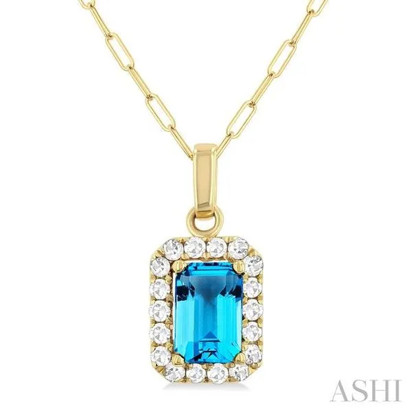 6x4 MM Octagonal Shape Blue Topaz and 1/6 Ctw Round Cut Diamond Halo Semi-Precious Pendant with Chain in 10K Yellow Gold Hart's Jewelers Grants Pass, OR