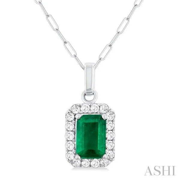 6x4 MM Octagonal Shape Emerald and 1/6 Ctw Round Cut Diamond Halo Precious Pendant with Chain in 10K White Gold Hart's Jewelers Grants Pass, OR
