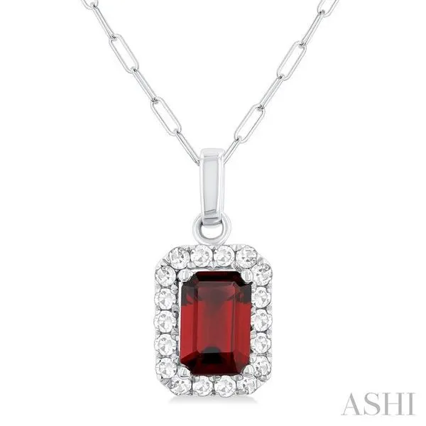 6x4 MM Octagonal Shape Garnet and 1/6 Ctw Round Cut Diamond Halo Semi-Precious Pendant with Chain in 10K White Gold Hart's Jewelers Grants Pass, OR