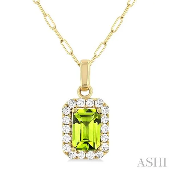 6x4 MM Octagonal Shape Peridot and 1/6 Ctw Round Cut Diamond Halo Semi-Precious Pendant with Chain in 10K Yellow Gold Hart's Jewelers Grants Pass, OR