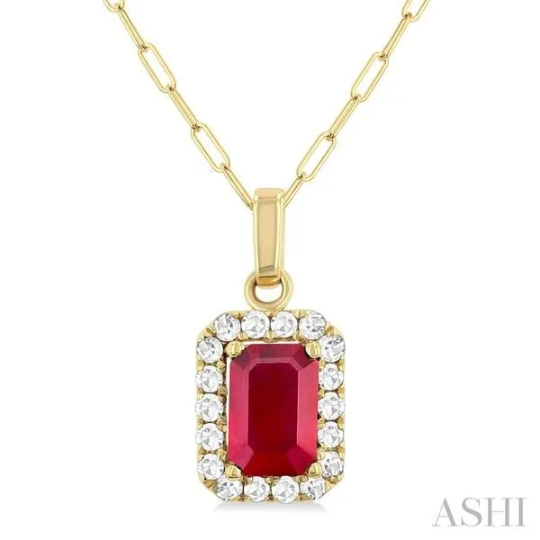 6x4 MM Octagonal Shape Ruby and 1/6 Ctw Round Cut Diamond Halo Precious Pendant with Chain in 10K Yellow Gold Hart's Jewelers Grants Pass, OR