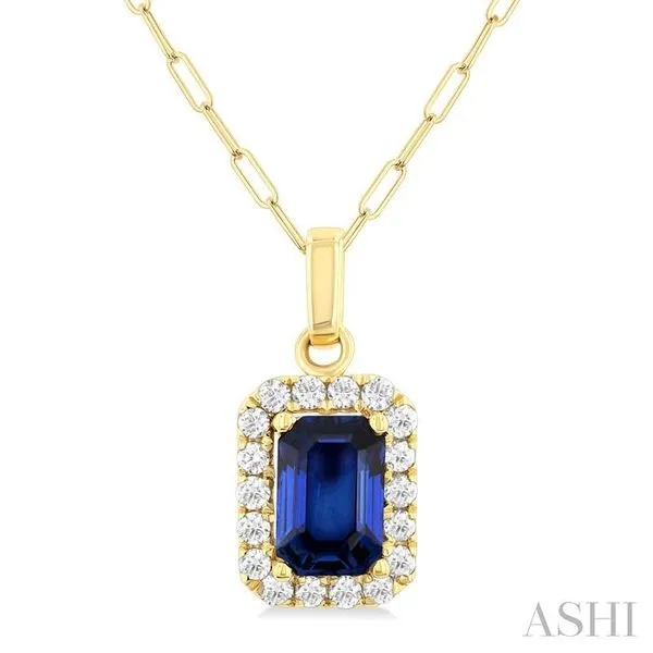 6x4 MM Octagonal Shape Sapphire and 1/6 Ctw Round Cut Diamond Halo Precious Pendant with Chain in 10K Yellow Gold Hart's Jewelers Grants Pass, OR