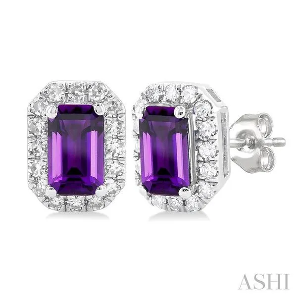 5x3 MM Octagonal Shape Amethyst and 1/8 Ctw Single Cut Diamond Halo Semi-Precious Stud Earrings in 10K White Gold Hart's Jewelers Grants Pass, OR