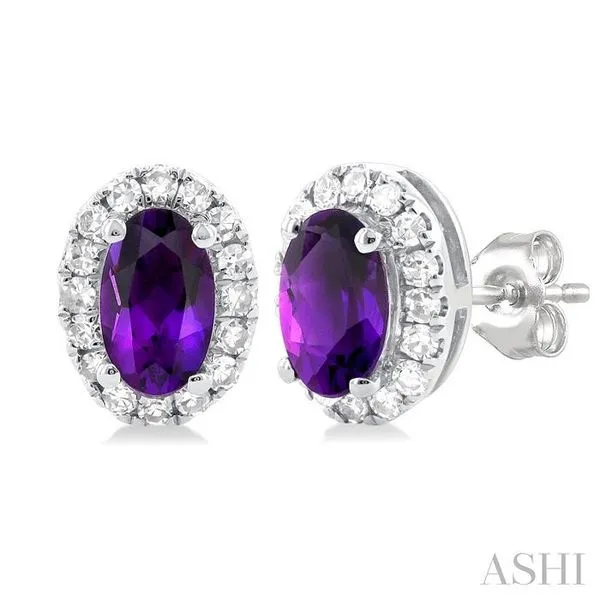 5x3 MM Oval Shape Amethyst and 1/8 Ctw Single Cut Diamond Halo Semi-Precious Stud Earrings in 10K White Gold Hart's Jewelers Grants Pass, OR
