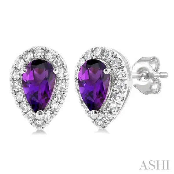 5x3 MM Pear Shape Amethyst and 1/8 Ctw Single Cut Diamond Halo Semi-Precious Stud Earrings in 10K White Gold Hart's Jewelers Grants Pass, OR