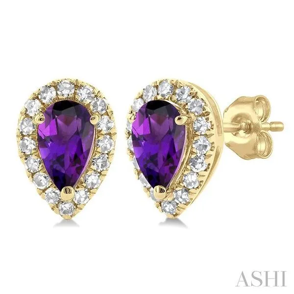 5x3 MM Pear Shape Amethyst and 1/8 Ctw Single Cut Diamond Halo Semi-Precious Stud Earrings in 10K Yellow Gold Hart's Jewelers Grants Pass, OR