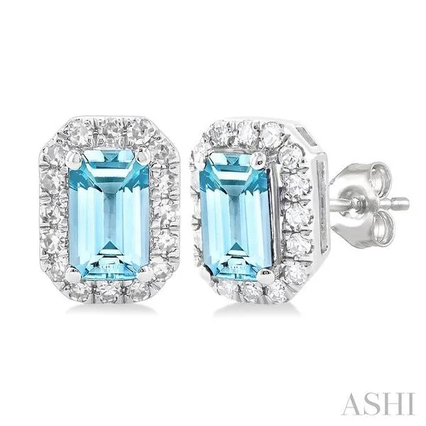 5x3 MM Octagonal Shape Aquamarine and 1/8 Ctw Single Cut Diamond Halo Semi-Precious Stud Earrings in 10K White Gold Hart's Jewelers Grants Pass, OR